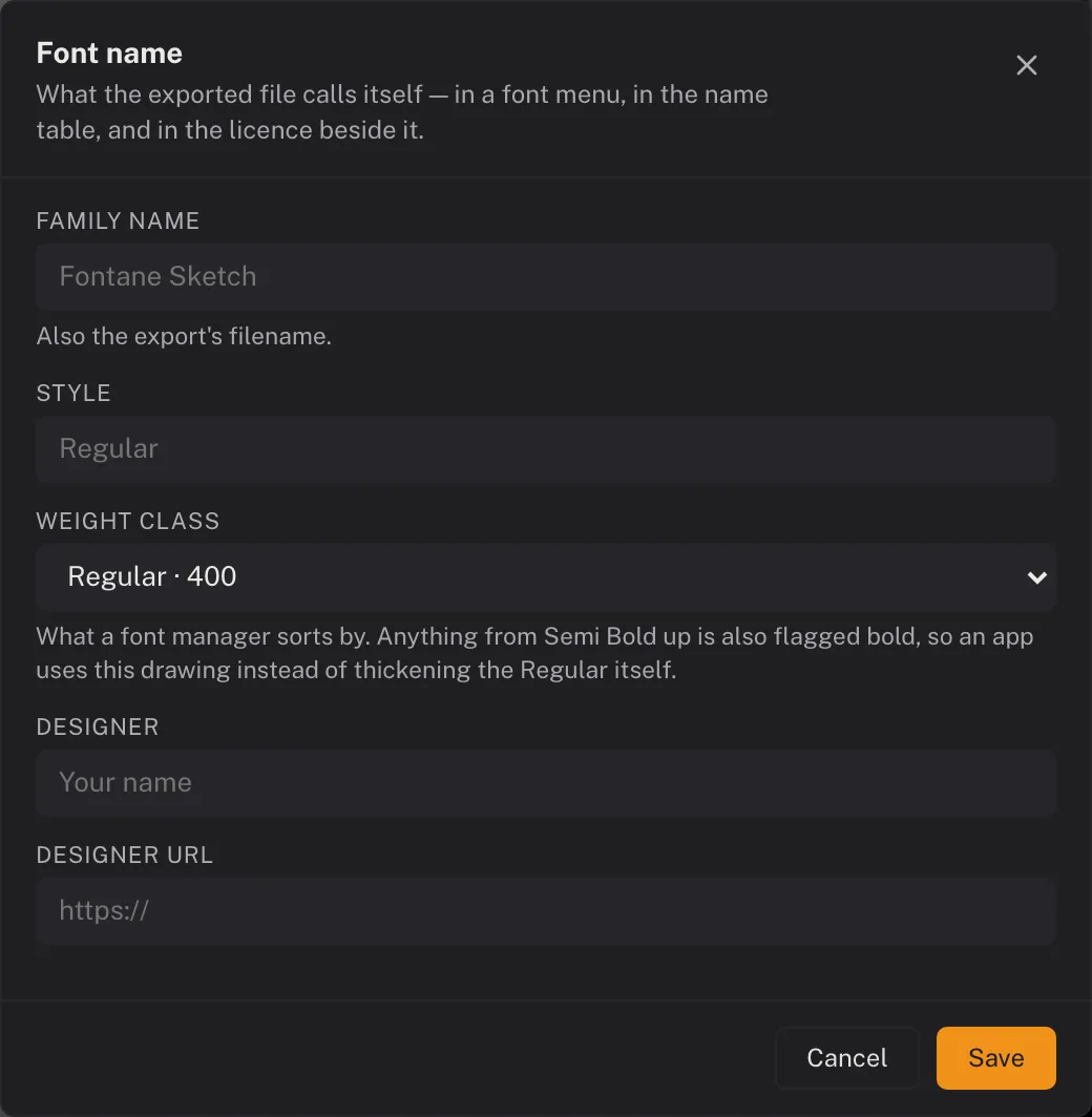 The font naming dialog: family name, style, a weight class picker set to Regular 400, designer and designer URL.