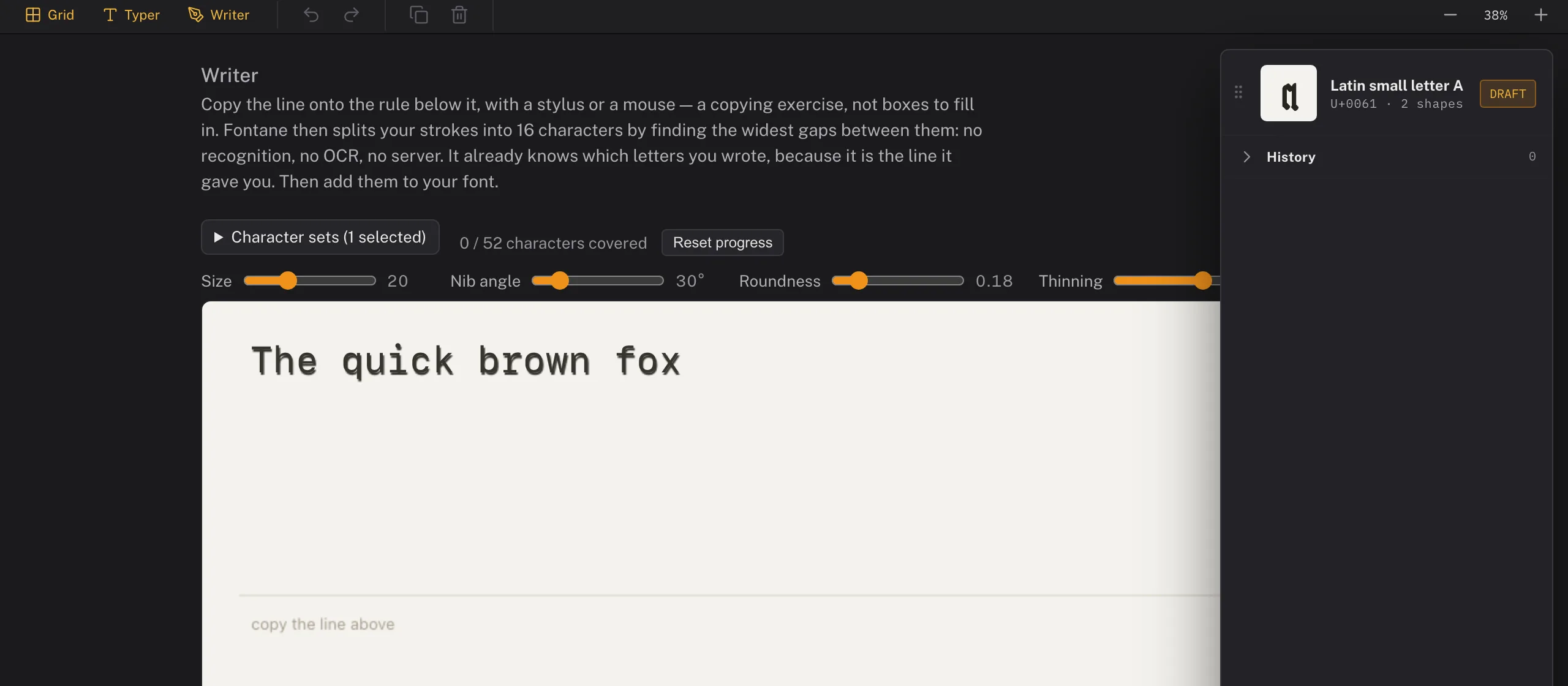 The Writer: a printed reference line reading 'The quick brown fox' above a ruled area to copy it onto, with a character-set picker and coverage count.