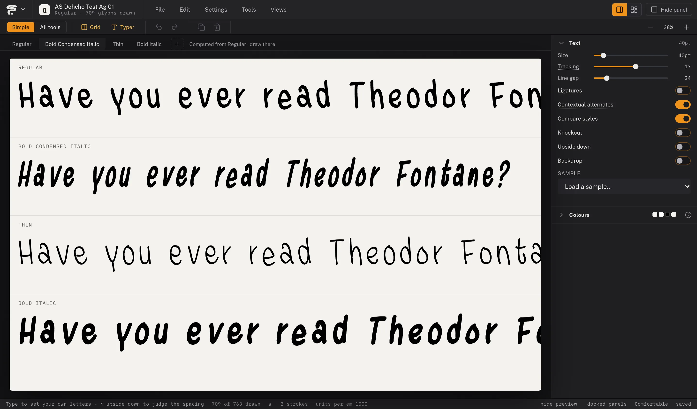 The Typer comparing four styles of AS Dehcho — Regular, Bold Condensed Italic, Thin and Bold Italic — each setting the same line.
