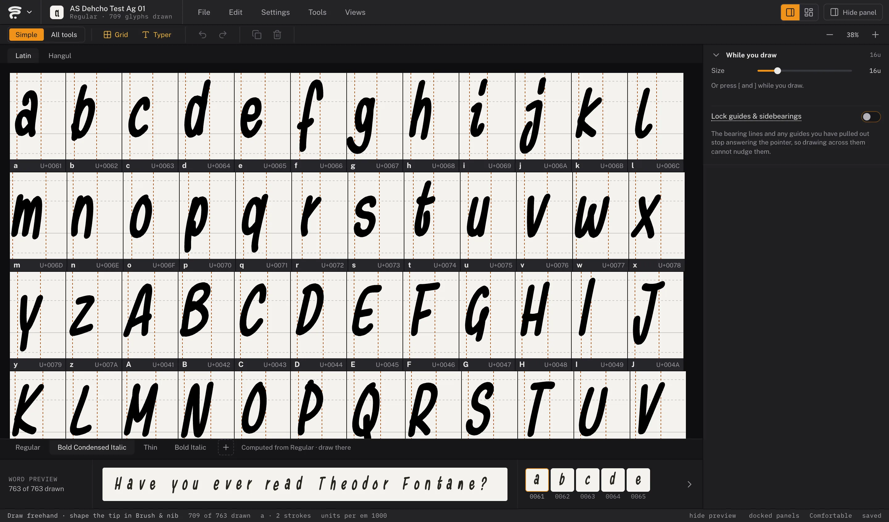 The Grid of AS Dehcho seen through its Bold Condensed Italic style, with the style tabs Regular, Bold Condensed Italic, Thin and Bold Italic under it.