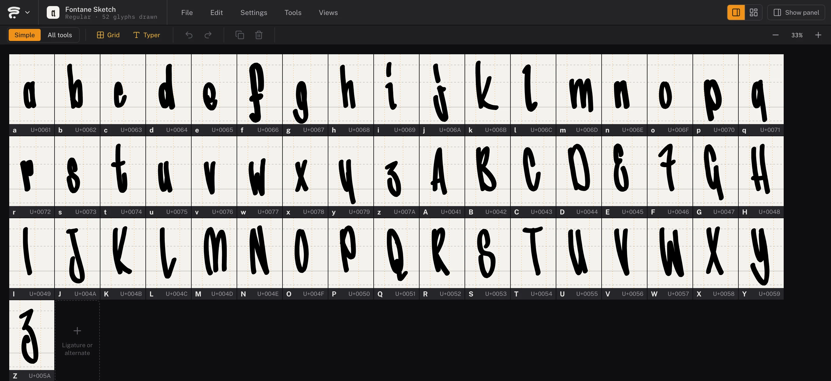 The complete Grid: all 52 base letters drawn, plus the next open slot for a ligature or alternate.