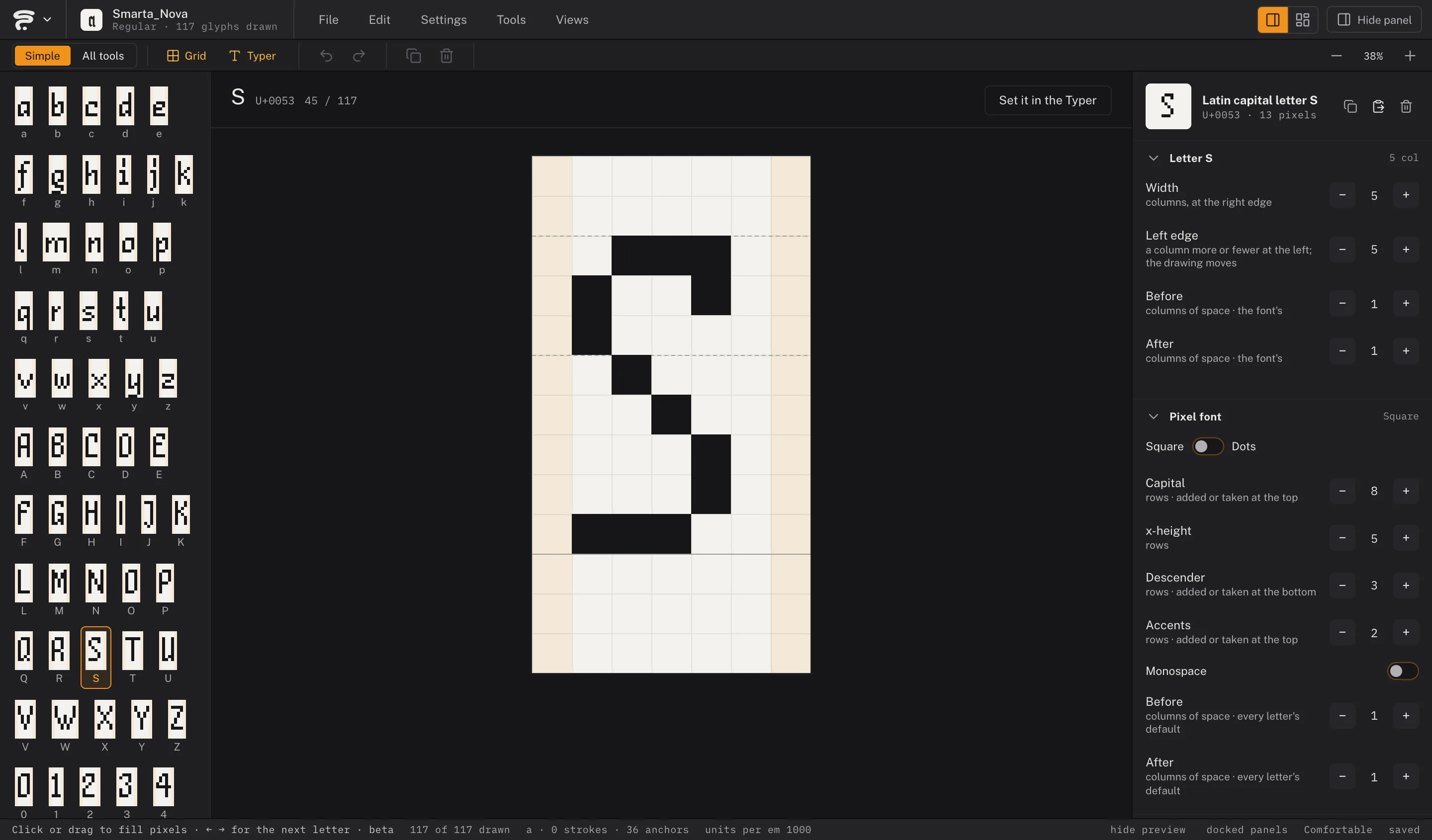 The Pixel view with the capital S of Smarta Nova on its grid, the letters of the font listed on the left and the grid's settings on the right.